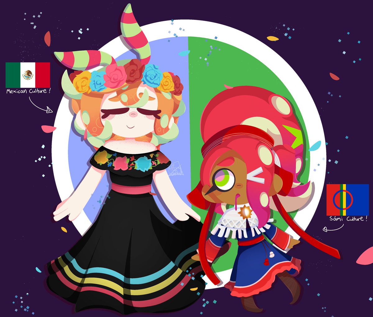 APeonySeapie's tweet image. Sámi &amp;amp; Mexican cultures 💚🫶🇲🇽❄️🦌

A little gift for @SallyConigal since we both like our cultures so much, I drew us with swapped cultures! 
Thank you for being an amazing auntie figure &amp;gt;v&amp;lt; !! 

#DJSeaflow #Splatoon