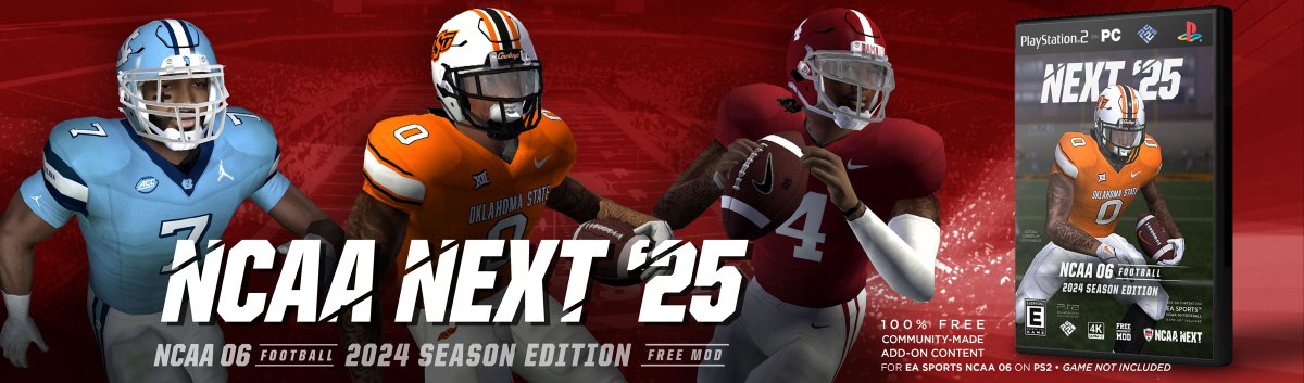 NCAA NEXT '25 is now LIVE! Featuring a 12 team playoff, transfer portal recruiting, 40,000 updated textures including 1,200 uniforms, fields, equipment, tattoos, modern rosters, realignment, rules, better playbooks, CPU AI, and so much more. WHOS GOT NEXT? ncaanext.com/2024/09/ncaa-n…