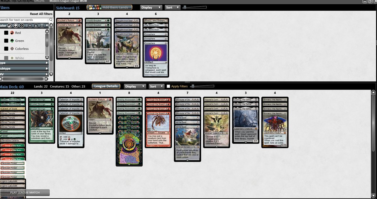 Victoria en el clasificatorio para el Nacional de Pamplona con Eldrazi Breach.🥳🥳. Torneo chulo lleno de amigos en la soci.

R1  BOROS ENERGY😀😀
R2 DOMAIN ZOO 😀😀
R3 BOROS ENERGRY😀😀
R4 ID
R5 ID
T8 YAWGMOTH 😀😀
T4 MARDU ENERY😀☠️😀
FINAL MARDU ENERGRY😀😀