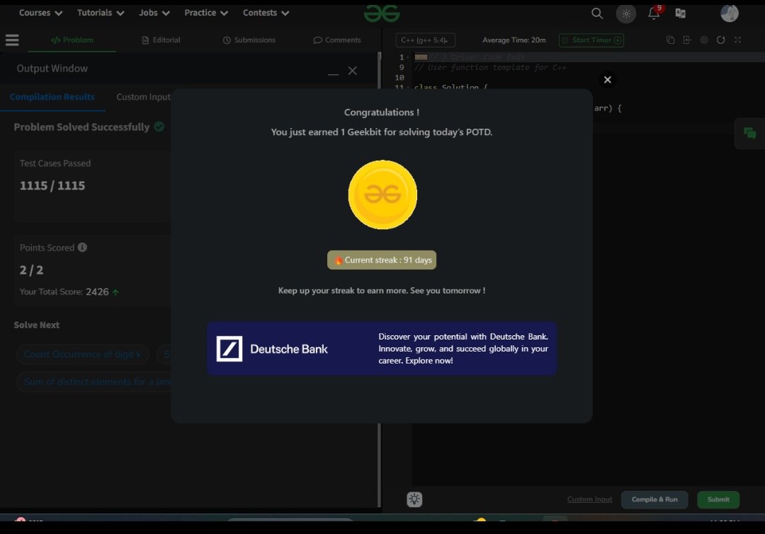 Imtiyaz42112730's tweet image. Day 19 of #CodeSprint2024! 🔢 Solved the &quot;Total Count&quot; problem on @geeksforgeeks.Grateful to @DeutscheBank for powering this journey! Just  two more days left—let’s finish strong! 💪 #logicpuzzles #DeutscheBank #GeeksUnite