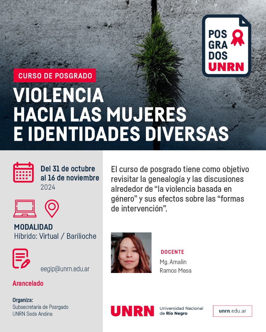 amelrame's tweet image. ¡Inscripciones abiertas! "Violencia hacia las mujeres e identidades diversas", Seminario de Posgrado a mi cargo en la Universidad Nacional de Río Negro. Mas info en unrn.edu.ar/eventos/Violen…