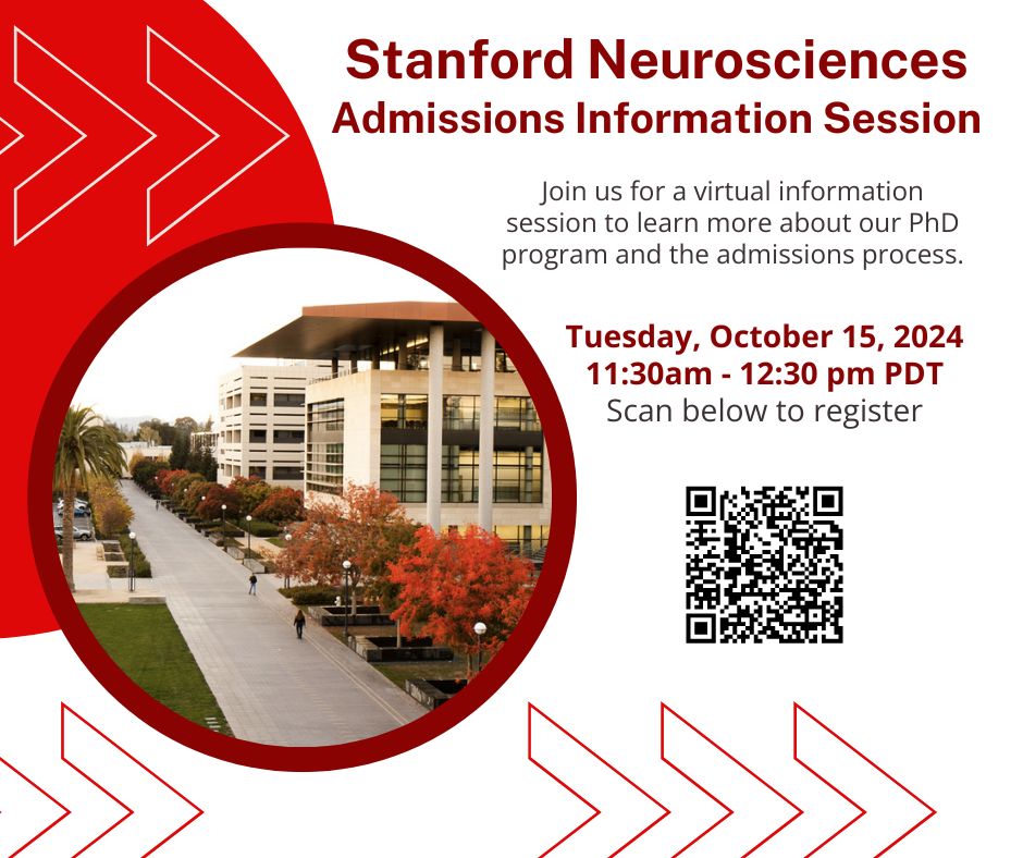 Learn more about one of #StanfordBiosciences largest programs: #Neurosciences. They'll be hosting an information webinar on Tuesday October 15th! 

Register today: stanford.zoom.us/webinar/regist…

#Phd #PhDJourney #ApplicationSeason
