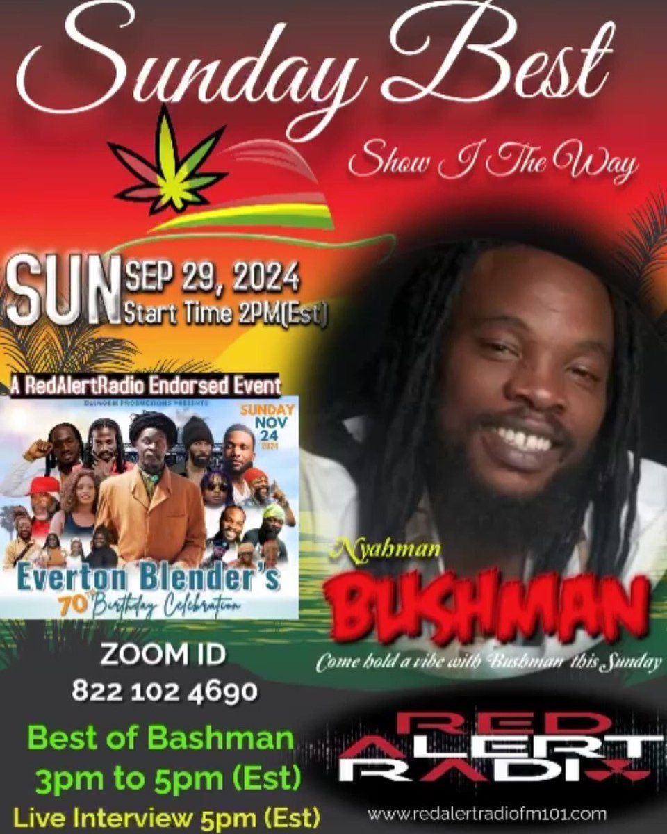 TUNE IN TODAY! Check in with BUSHMAN on Red Alert Radio from 2pm Eastern (NY) time.  Special ZOOM Segment begins at 3pm E.  Vibe with BUSHMAN this afternoon, Sunday, Sept 29th!  #bushman #nyahmanbushman #redalertradio  
<a href="/NyahManBushman/">Bushman</a> 
Listen here:  redalertradiofm101.com