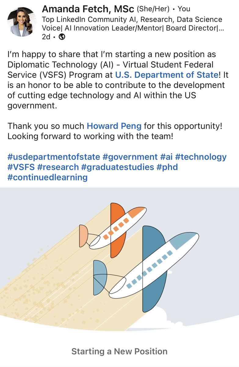 Dr. Amanda Fetch (@manda_analytics) on Twitter photo Really excited to share that as part of my PhD studies in Technology and AI, I will now be working with the <a href="/StateDept/">Department of State</a>
through the <a href="/VSFSatState/">Virtual Student Federal Service</a> program. #technology #ai #leadership #government #phd #research Really excited to share that as part of my PhD studies in Technology and AI, I will now be working with the <a href="/StateDept/">Department of State</a>
through the <a href="/VSFSatState/">Virtual Student Federal Service</a> program. #technology #ai #leadership #government #phd #research