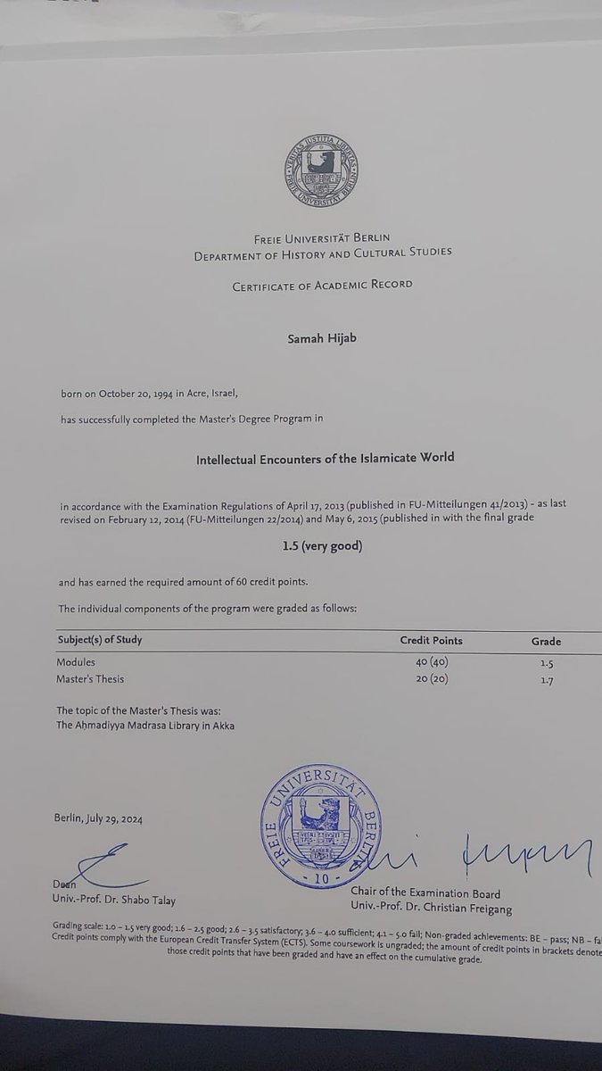 أبارك للباحثة المتميزة سماح حجاب حصولها على درجة الماجستير بتقدير جيد جداً، من جامعة برلين الحرَّة