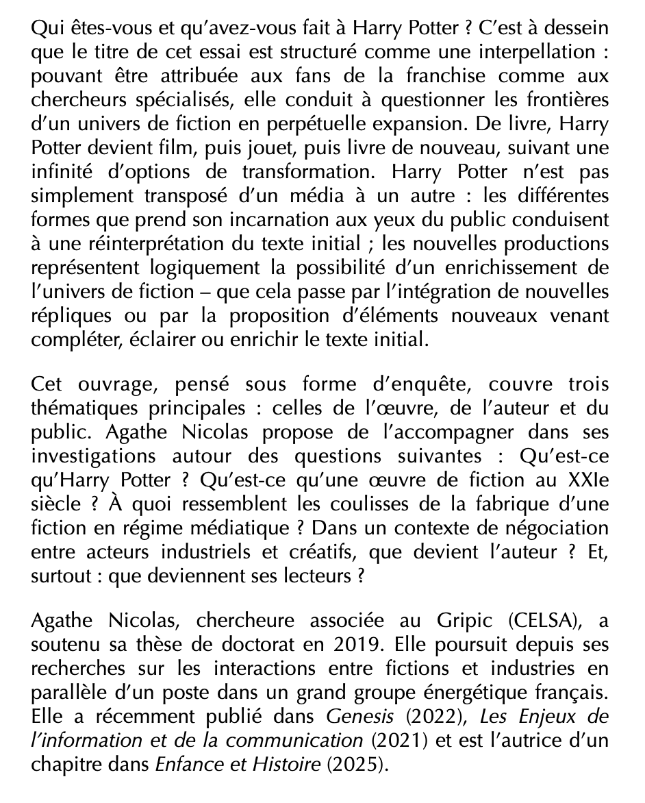 flr_louis's tweet photo. Agathe Nicolas - Qui êtes-vous et qu’avez-vous fait à Harry Potter ?

À paraître en novembre aux Sorbonne UP https://t.co/apDB14TazP