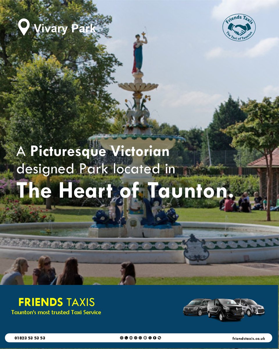 FriendsTaxis's tweet image. Vivary Park is a Victorian park located near the center of Taunton. It is famous for its beautifully maintained gardens, including vibrant floral displays and a sensory garden.
Ready  to explore? Book now!
📞 01823 53 53 53 | 🌐 friendstaxis.co.uk
#tauntontaxis #friendstaxis