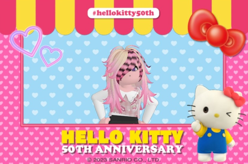 FallenUwu's tweet image. #hellokitty50th !
Pinky fallen en #Hellokittycafe 
festejando el 50 aniversario! &amp;gt;:3
(me salio kuromi en el gacha del roblox hello kitty cafe)
🩷🖤
#robloxevents #roblox #oc #ocs #HelloKitty
