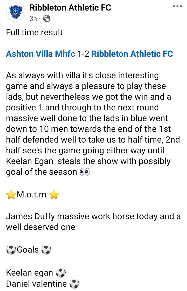 Full time result 

Ashton villa 1-2 ribbleton 

Decent game agasint div 3 villa on to the next round