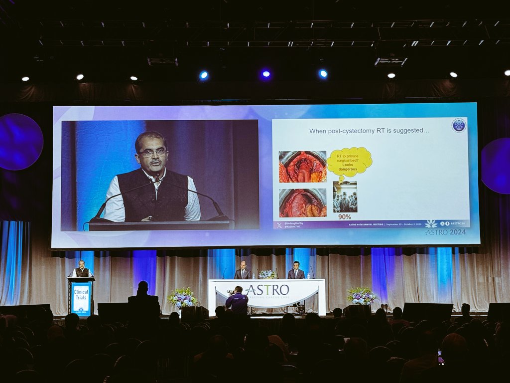 RadOncTMC's tweet photo. Dr. Murthy stole the show at #ASTRO2024 while raising the BAR(T)!

@VedangMurthy presenting results of the multicentric phase III bladder adjuvant RT (BART) trial @ASTRO_org 2024 with a punch of brilliance and flair!

And what's more, with a simultaneous publication in @IJROBP! https://t.co/5R4VtJwxz5