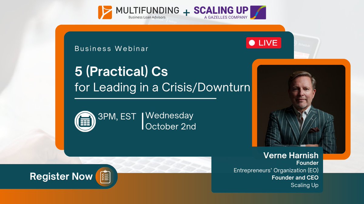 MultiFunding (@multifunding) on Twitter photo Join <a href="/agilescaleup/">Verne Harnish</a>, Founder of <a href="/EntrepreneurOrg/">Entrepreneurs' Organization (EO)</a> and CEO of <a href="/ScalingUp/">Scaling Up</a>, for an exclusive webinar: "5 Practical Cs for Leading in a Crisis/Downturn."
Don't miss out—register now! bit.ly/3zxU9ge
#CrisisLeadership #ScalingUp #Entrepreneurship Join <a href="/agilescaleup/">Verne Harnish</a>, Founder of <a href="/EntrepreneurOrg/">Entrepreneurs' Organization (EO)</a> and CEO of <a href="/ScalingUp/">Scaling Up</a>, for an exclusive webinar: "5 Practical Cs for Leading in a Crisis/Downturn."
Don't miss out—register now! bit.ly/3zxU9ge
#CrisisLeadership #ScalingUp #Entrepreneurship