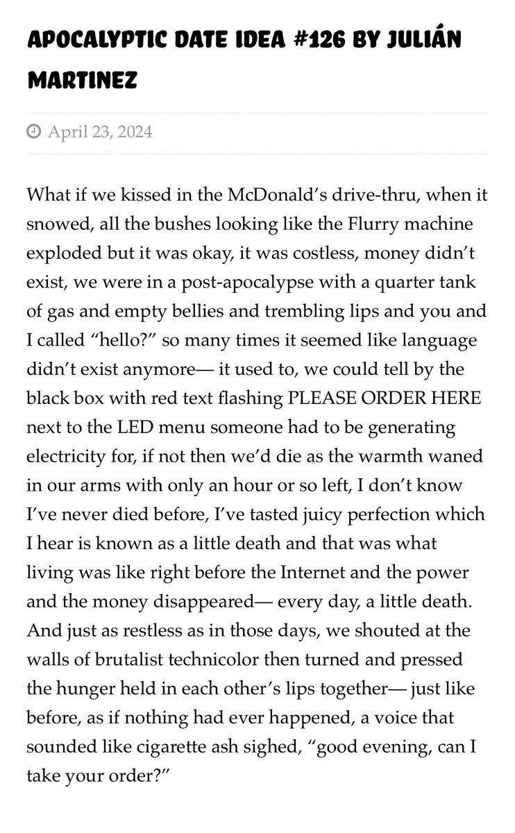 martinezfjulian's tweet image. Honored to be BOTN-nominated by the good folks at @hexliterary 🙏🫡🫶

Here’s my lil piece, “Apocalyptic Date Idea #126,” about a McDonald’s run at the end of the world: