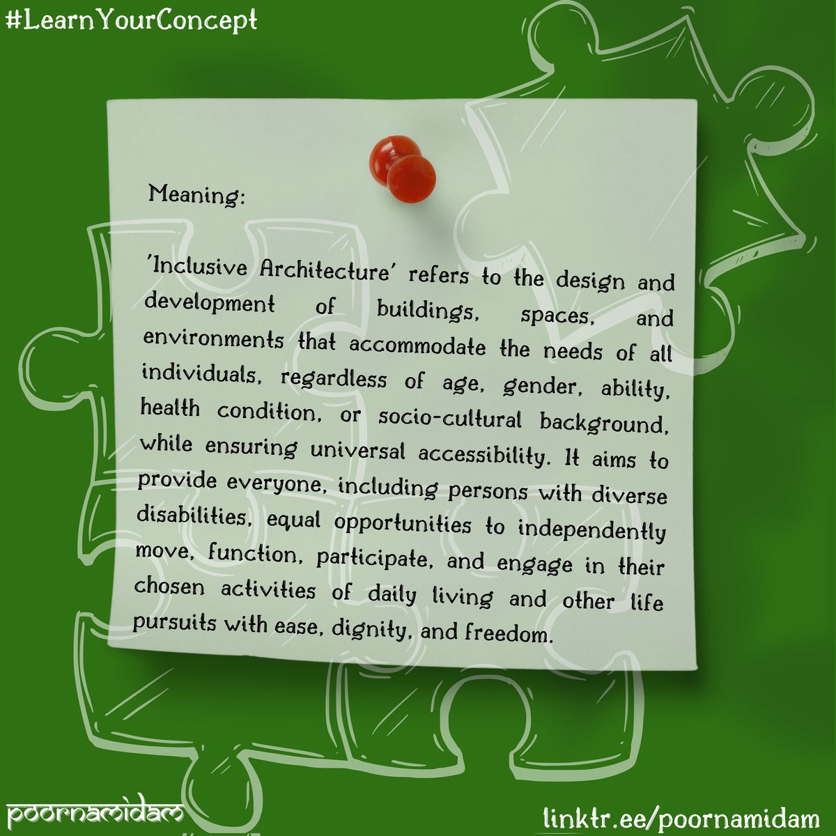 poornam_idam's tweet image. #LearnYourConcept Series - Inclusive Architecture 🧵

Discover the meaning of #InclusiveArchitecture, its key features, and practical examples that enhance accessibility for everyone. 

#UniversalAccessibility
#LeaveNoOneBehind #NothingWithoutUs #BuildForwardBetter #WeAllBelong