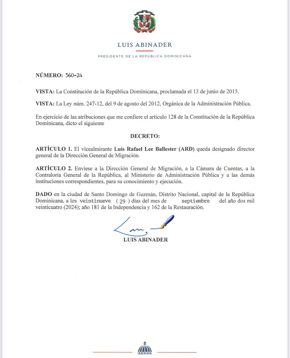ElDia_do's tweet photo. Abinader designa al vicealmirante Lee Ballester como nuevo director de Migración https://t.co/zBAliOkKgI 
#PeriódicoElDía #Abinder #decreto #LeeBallester #LuisAbinader #migración https://t.co/NOdUGCh9q4