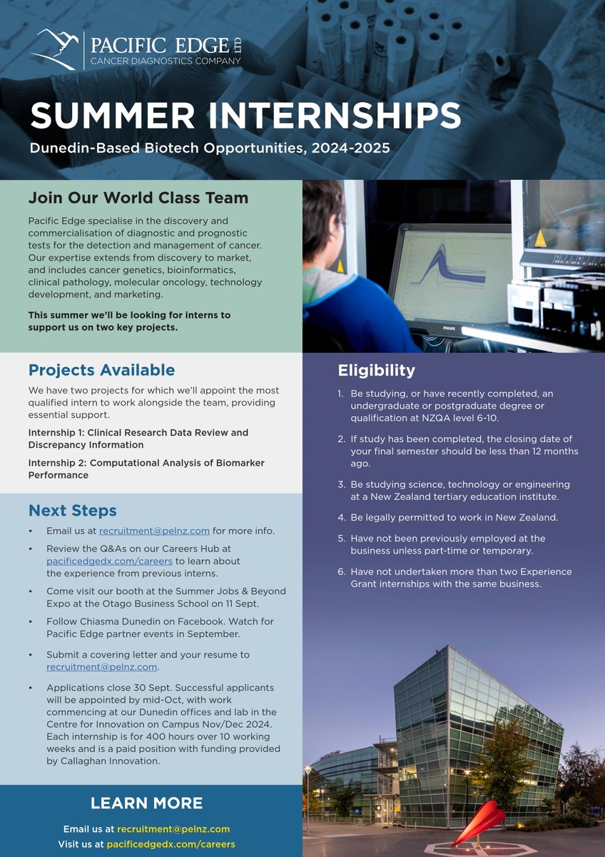 🎓𝐓𝐰𝐨 𝐠𝐫𝐞𝐚𝐭 𝟐𝟎𝟐𝟒-𝟐𝟓 𝐬𝐮𝐦𝐦𝐞𝐫 𝐢𝐧𝐭𝐞𝐫𝐧𝐡𝐢𝐩𝐬 𝐜𝐥𝐨𝐬𝐞 𝐓𝐎𝐃𝐀𝐘! 𝐚𝐭 <a href="/PacificEdgeLtd/">Pacific Edge</a> <a href="/Cxbladder/">Cxbladder</a>
🚨 Email CV &amp; cover letter to recruitment@pelnz.com. Vit our Careers Hub at pacificedgedx.com/careers to learn about the experience from previous interns.