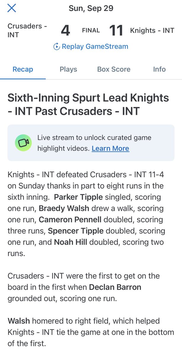 MPMKnights's tweet photo. KNIGHTS WIN 🔥

In a great game 1 where the Knights bats blew it up open in the bottom of the 6th, the team takes a 1-0 series lead! 

Game 2 goes Tuesday at 6:00! #GoKnights #DefendTheStable https://t.co/5RxOx6cfYW