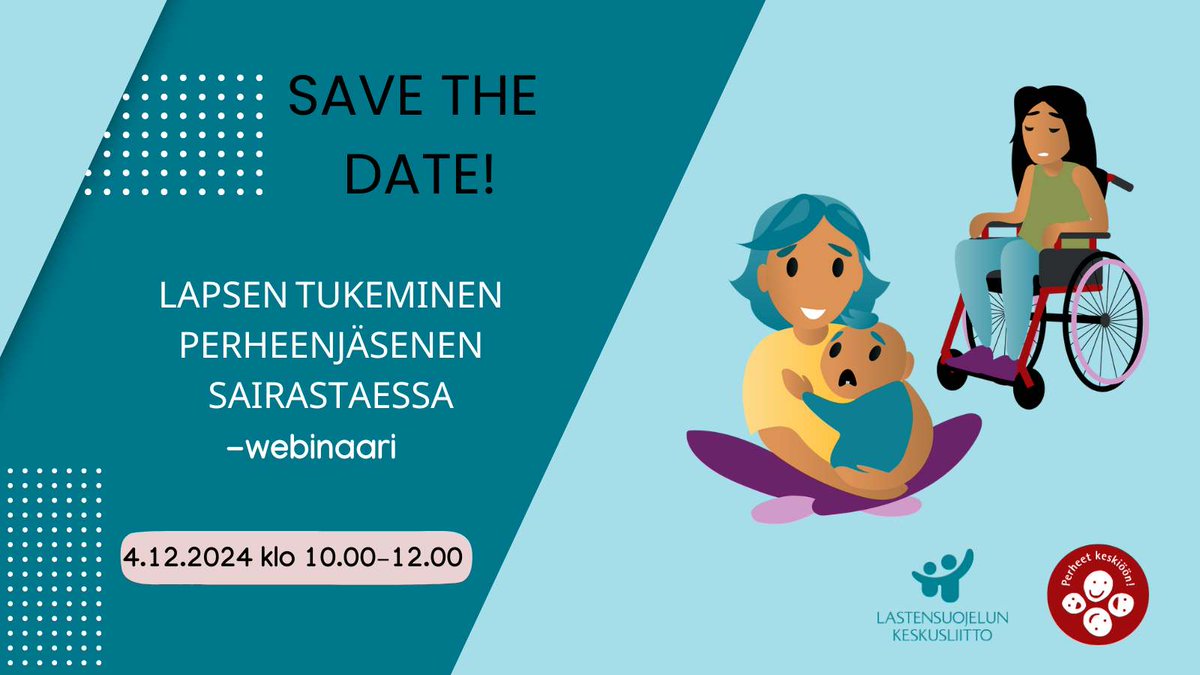 ❗️SAVE THE DATE❗️
👩‍👦Lapset tarvitsevat tukea, kun perheenjäsenen vakava sairaus tai vamma kuormittaa perheen arkea. 

💡Webinaari tarjoaa tietoa ilmiöstä järjestöjen ja hyvinvointialueiden ammattilaisille.

📅Merkitse ajankohta kalenteriin. 

Lisätietoa👇
lskl.fi/tapahtumat/web…