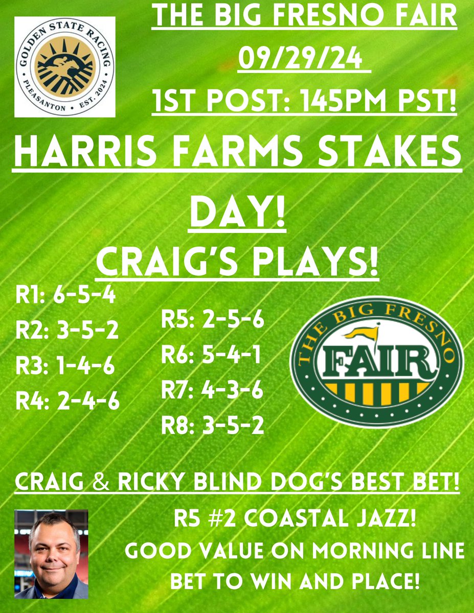 ClassicGolferUS's tweet photo. It is Harris Farms Stakes Day! Ricky Blind Dog and I have such respect for Mr. Harris and all he does to help Nor Cal Racing! So join us @BigFresnoFair for a 145PM First Post Time and a great 8race card and RBD has a special value Best Bacon Bet for his fans! #handicappinghound https://t.co/nDNLvIg7CI