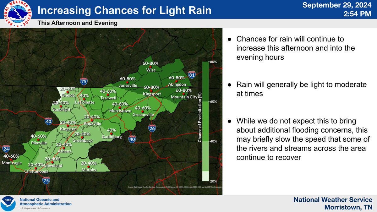 Increasing chances of rain this afternoon and into the evening. While we don’t expect any new flooding concerns to arise, this may briefly slow the rate at which rivers and streams continue to recover from the significant flooding over the past few days.