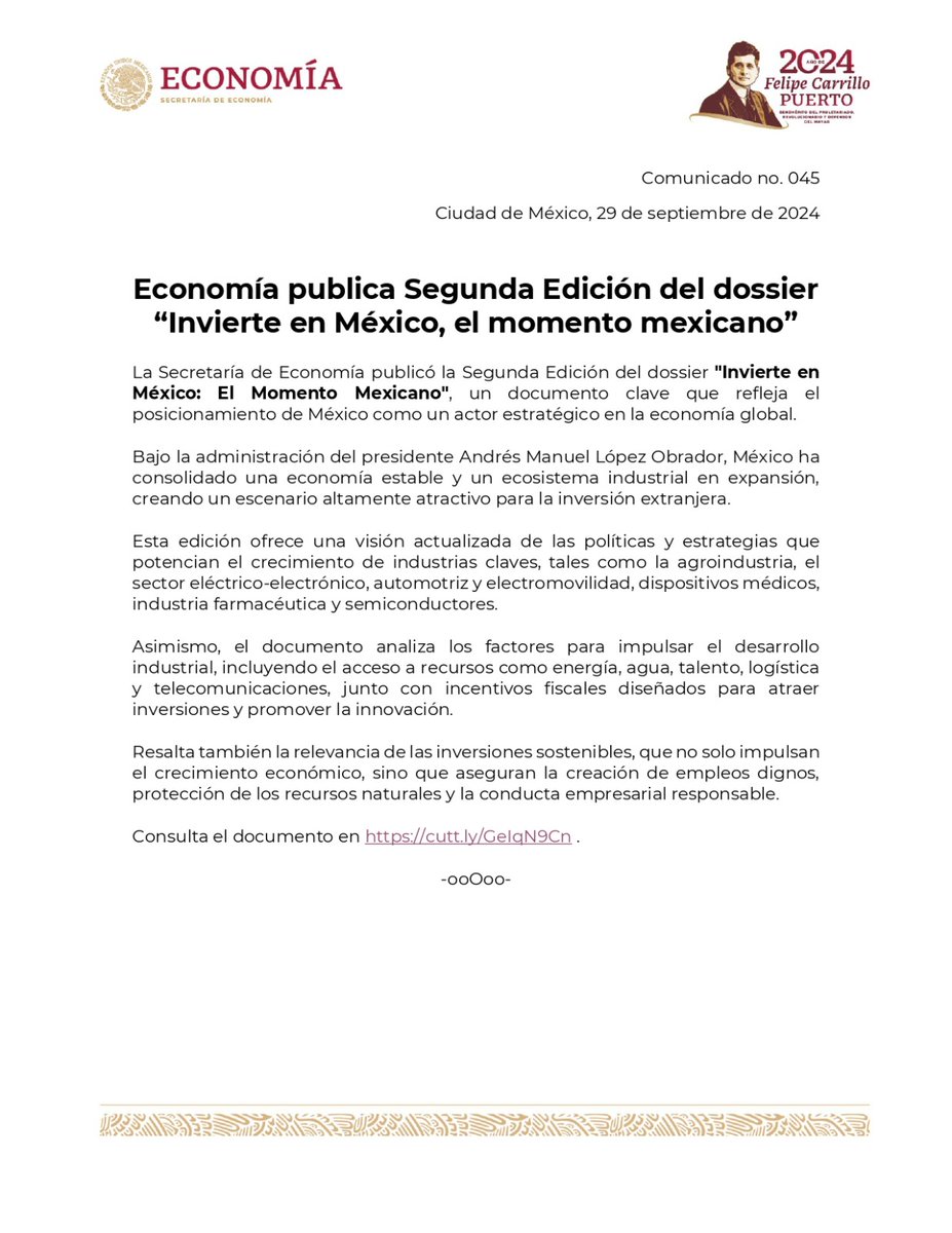 SE_mx's tweet photo. #ComunicadoEconomía 

La Secretaría de Economía publicó la segunda edición del dossier "Invierte en México: El Momento Mexicano", un documento clave que refleja el posicionamiento de México como un actor estratégico en la economía global.

📄https://t.co/rRLlbPJkhC https://t.co/tmgReWDnFU