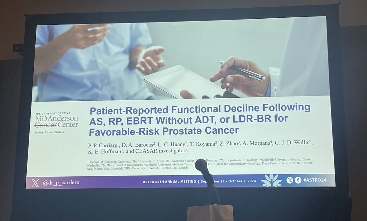 ChelseaPinnix's tweet image. Congratulations to @MDAndersonNews #RadOnC resident @dr_p_carriere for an outstanding presentation on the 2ndary analysis of the 1,656 low risk prostate cancer pts enrolled on the CEASAR study. Job well done!