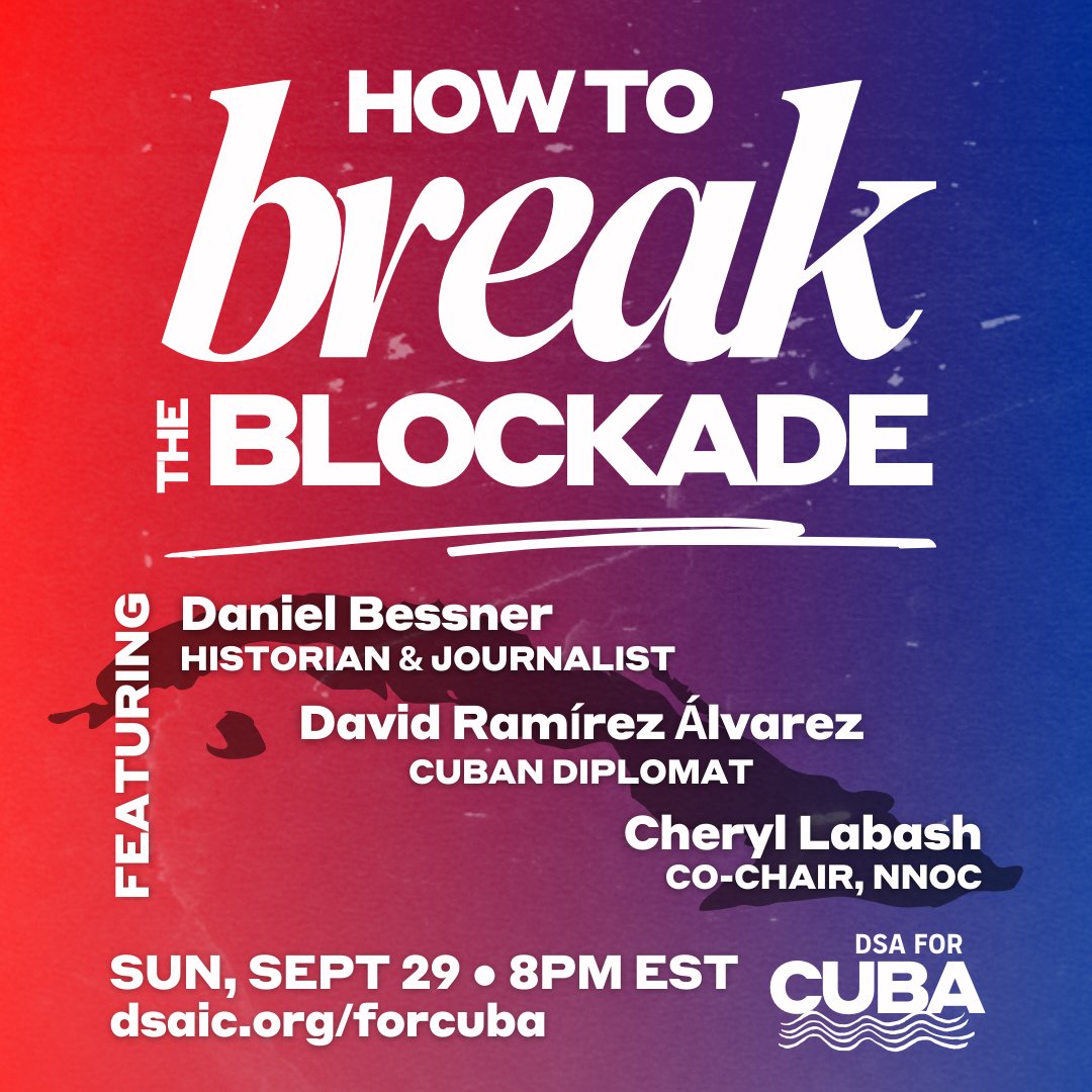 TONIGHT we’re launching our national campaign to Break the Blockade. Join us, along with <a href="/dbessner/">db</a> and others, and get ready to take action—it's time for Biden to reverse Trump’s disastrous Cuba policies.🌹🤝🇨🇺
🔗RSVP for Zoom link: dsaic.org/forcuba