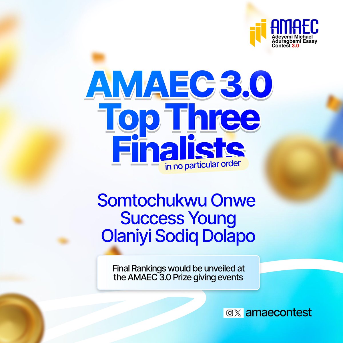 AMAECONTEST's tweet photo. We have our top 3!

@HOST_Dr @Jesugbemi4 @AMAGlobalAsset @LagosNas @Awedathefirst 💯💯💯💯💯 https://t.co/aB8b0hzy4D