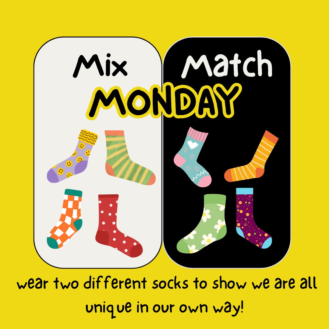 🧦🧦Mix &amp; Match Monday is TOMORROW!🧦🧦

Kick off Acceptance Week by celebrating what makes each of us unique! Tomorrow is Mix &amp; Match Monday, and we encourage everyone to wear two different socks to show how we embrace our individuality!