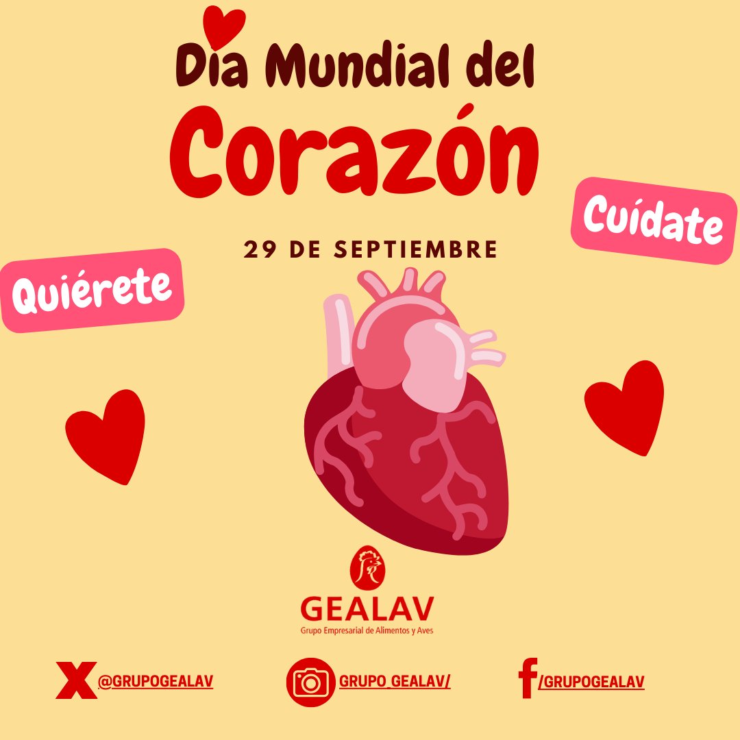GrupoGEALAV's tweet photo. 🌍❤️ El 29 de septiembre celebramos el Día Mundial del Corazón, una fecha para recordar la importancia de cuidar nuestro corazón y promover hábitos saludables. Adopta un estilo de vida que beneficie tu salud cardiovascular! 🏃♂️🥗
#GEALAV
#Avicultores
#DíaMundialDelCorazón #Salud https://t.co/sBZBGxgxDw