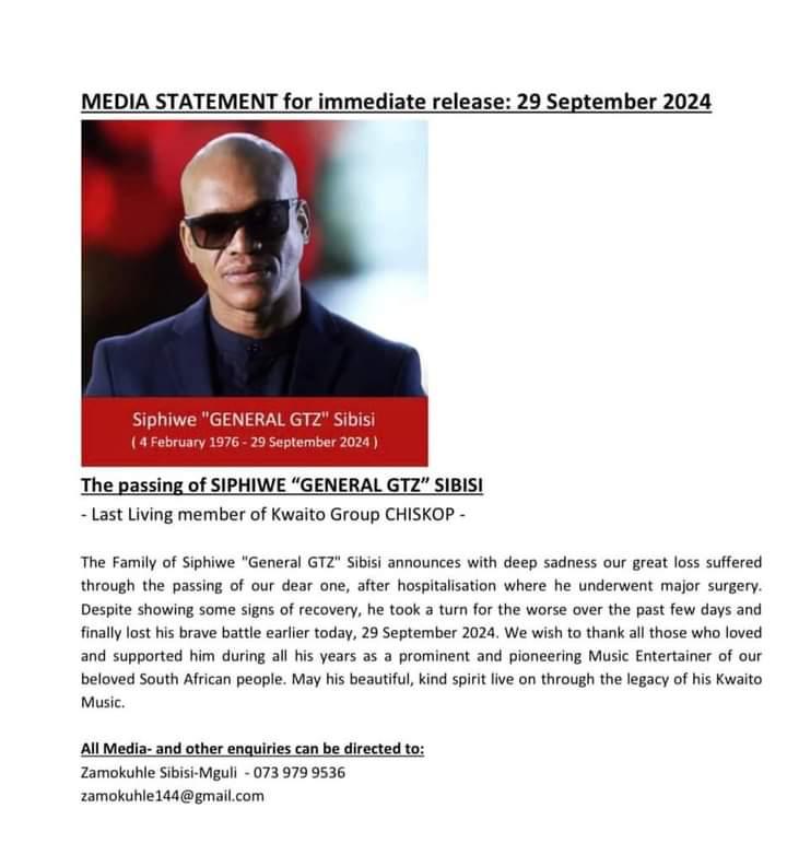 TheStar_news's tweet photo. Kwaito legend and Chiskop member General has passed away.

#RIPGeneral #TheStarNewspaper https://t.co/0S5MZpbMB6