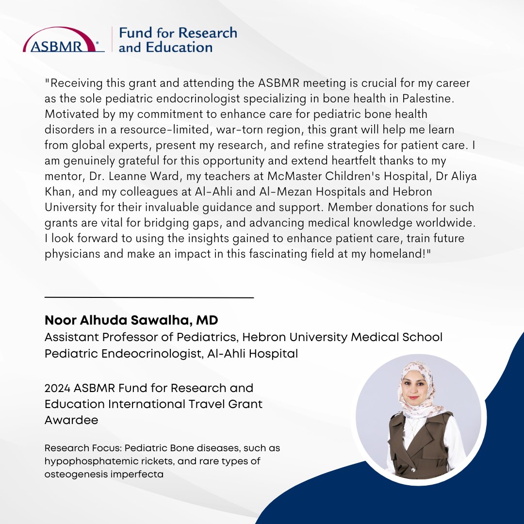 2024 ASBMR Fund for Research and Education Young Investigator Awardee Noor Alhuda Sawalha shares with us how crucial this award and attending ASBMR 2024 is for her career in Palestine.