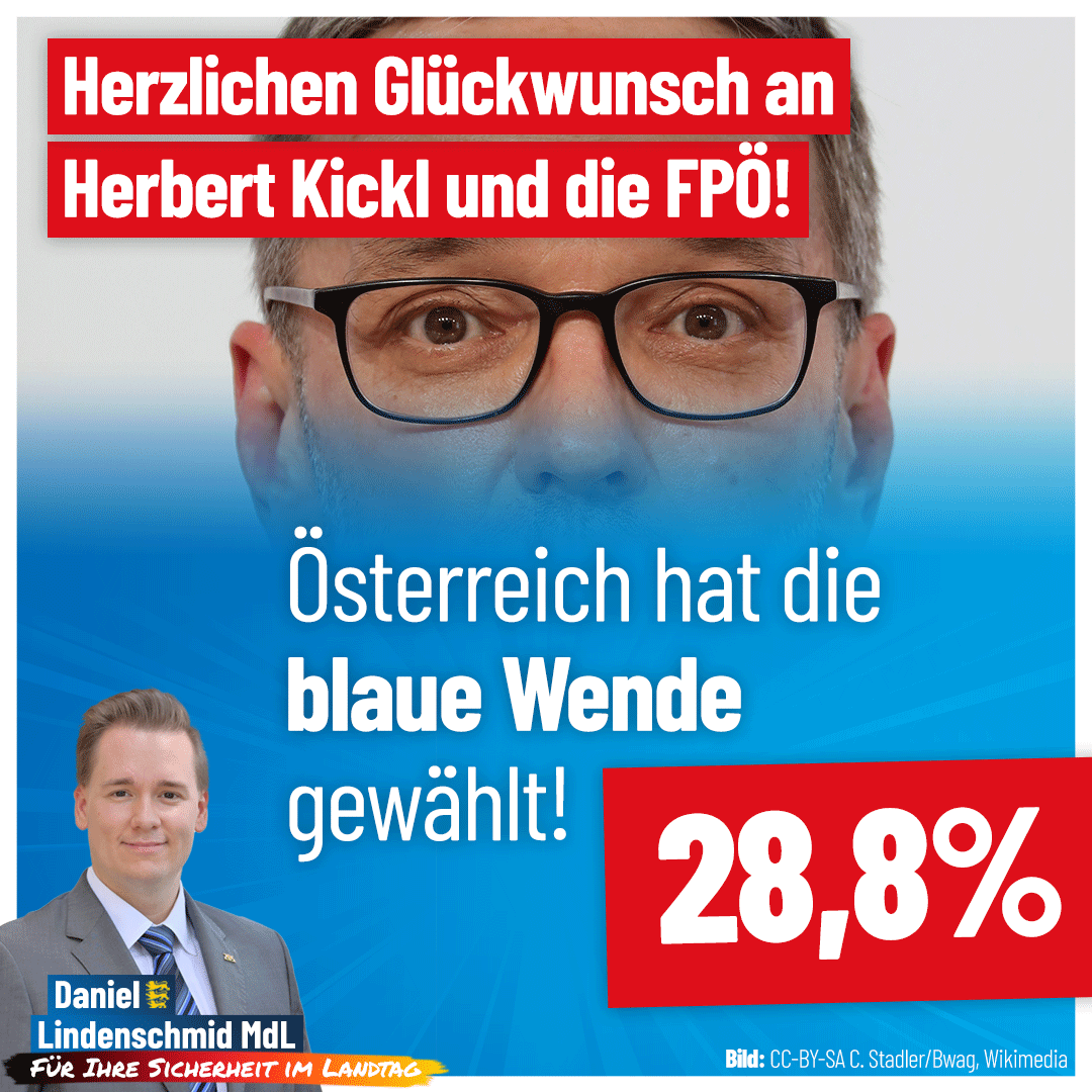 Mit rund 29% sind unsere Freunde der #FPÖ in #Österreich erstmals als stärkste Kraft bei einer #Nationalratswahl hervorgegangen. Das muss auch unsere Motivation als #AfD für die #Bundestagswahl 2025 sein! Herzlichen Glückwunsch, Herbert Kickl! 🇦🇹