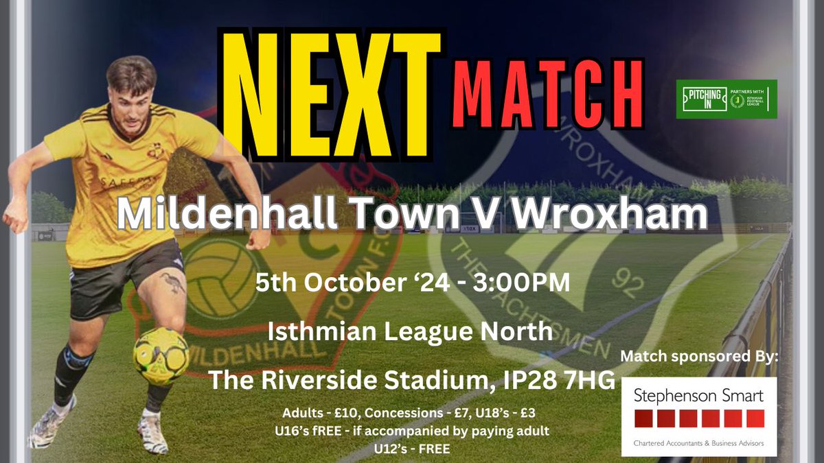Mildenhall Town FC (@mildenhalltown) on Twitter photo We are in action twice this week
Weds we travel to <a href="/Felixseasiders/">Felixstowe & Walton Utd FC</a> in the Suffolk Prem Cup - 7:44pm KO
Then Sat we are back in league action as we welcome <a href="/The_Yachtsmen/">Wroxham FC</a> to The Riverside Stadium
Get along and support the boys
#upthehall We are in action twice this week
Weds we travel to <a href="/Felixseasiders/">Felixstowe & Walton Utd FC</a> in the Suffolk Prem Cup - 7:44pm KO
Then Sat we are back in league action as we welcome <a href="/The_Yachtsmen/">Wroxham FC</a> to The Riverside Stadium
Get along and support the boys
#upthehall