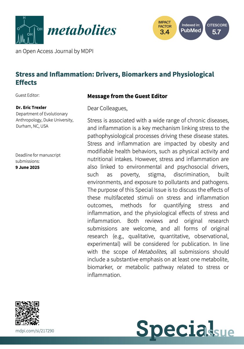 Call for papers! I'm editing a special issue for Metabolites. Focus is on methods and physiological impacts of stress (interpreted broadly) and inflammation. Must discuss at least one key metabolite/pathway. See link for info:  mdpi.com/journal/metabo…