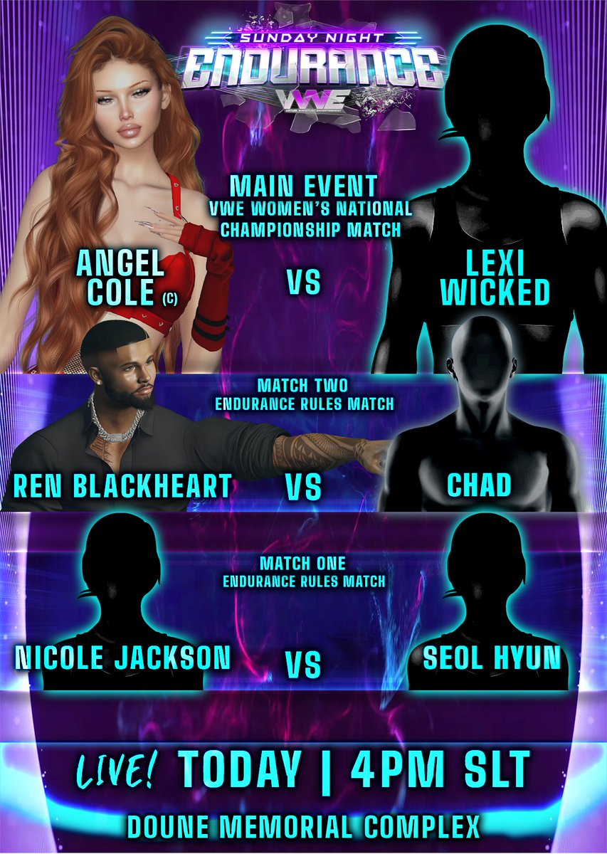Excuse us while we chase down our roster for updated photos...

VWE: Endurance is LIVE tonight from the Doune Memorial Complex!

The Women's National Championship will be on the line in the Main Event!

Don't miss us - we're live at 4 PM SLT!
RIDE:
maps.secondlife.com/secondlife/Gra…
