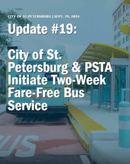 Due to the unprecedented impacts of Hurricane Helene on our residents, the City of St. Petersburg has worked with our partners at PSTA to initiate a two-week period of free fares within St. Pete city limits Monday, 9/30 - Sunday, 10/13

Details here: stpete.org/news_detail_T3…