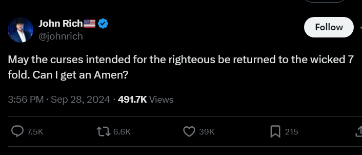 InterProph's tweet photo. Someone just got 6.6K RP's & 39K "likes" for cursing people, in language sounding like it came from God's Word. Think about that.
Can we get 5 to 7 people binding and loosing THE WAY GOD MANDATES IT BE DONE, any given day?
#INTERCEDE4 #challenge for the rest of 2024, 4pm ET