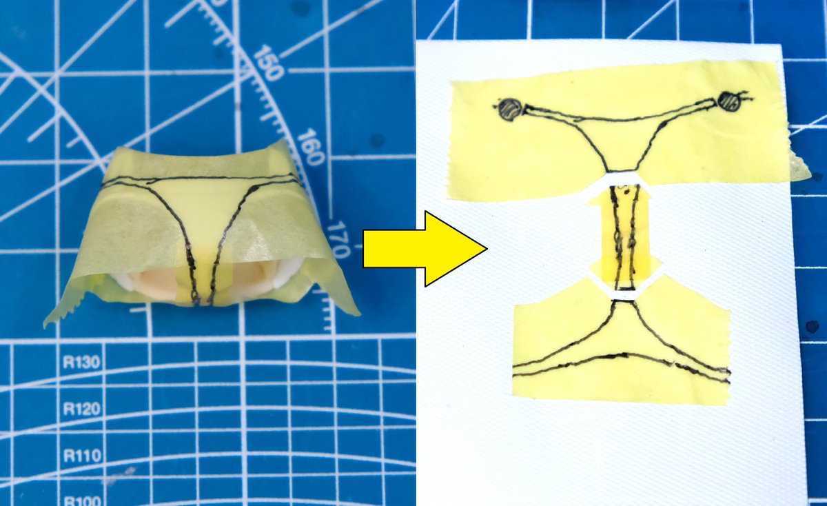 diy_ojisan's tweet image. 【美プラ用着脱式ぱんつの作り方】
久しぶりなので改めて作り方をご紹介

①腰パーツにマスキングテープを貼り、ぱんつの形を書いてから配管保護テープに貼る
②線に沿って切り出す(各パーツの繋ぎ目は糊しろとして少し長めに)
③腰パーツに仮留めし、繋ぎ目を瞬着(ゼリー状を推奨)で接着する
④完成