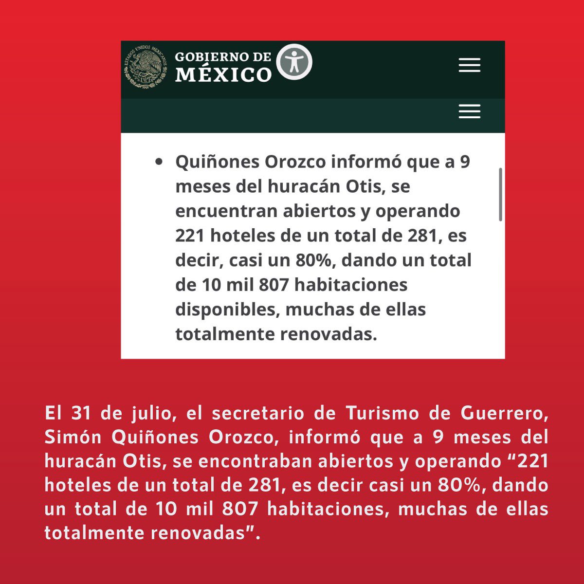 infodemiaMex's tweet image. ❌Falso que del “100% de los cuartos hoteleros en #Acapulco solamente se recuperó el 30% después de Otis”

✅Simón Quiñones, titular de la @Sectur_Guerrero, informó el 31 de julio que a 9 meses del #HuracánOtis, se encontraban abiertos y operando “221 hoteles de un total de 281,…