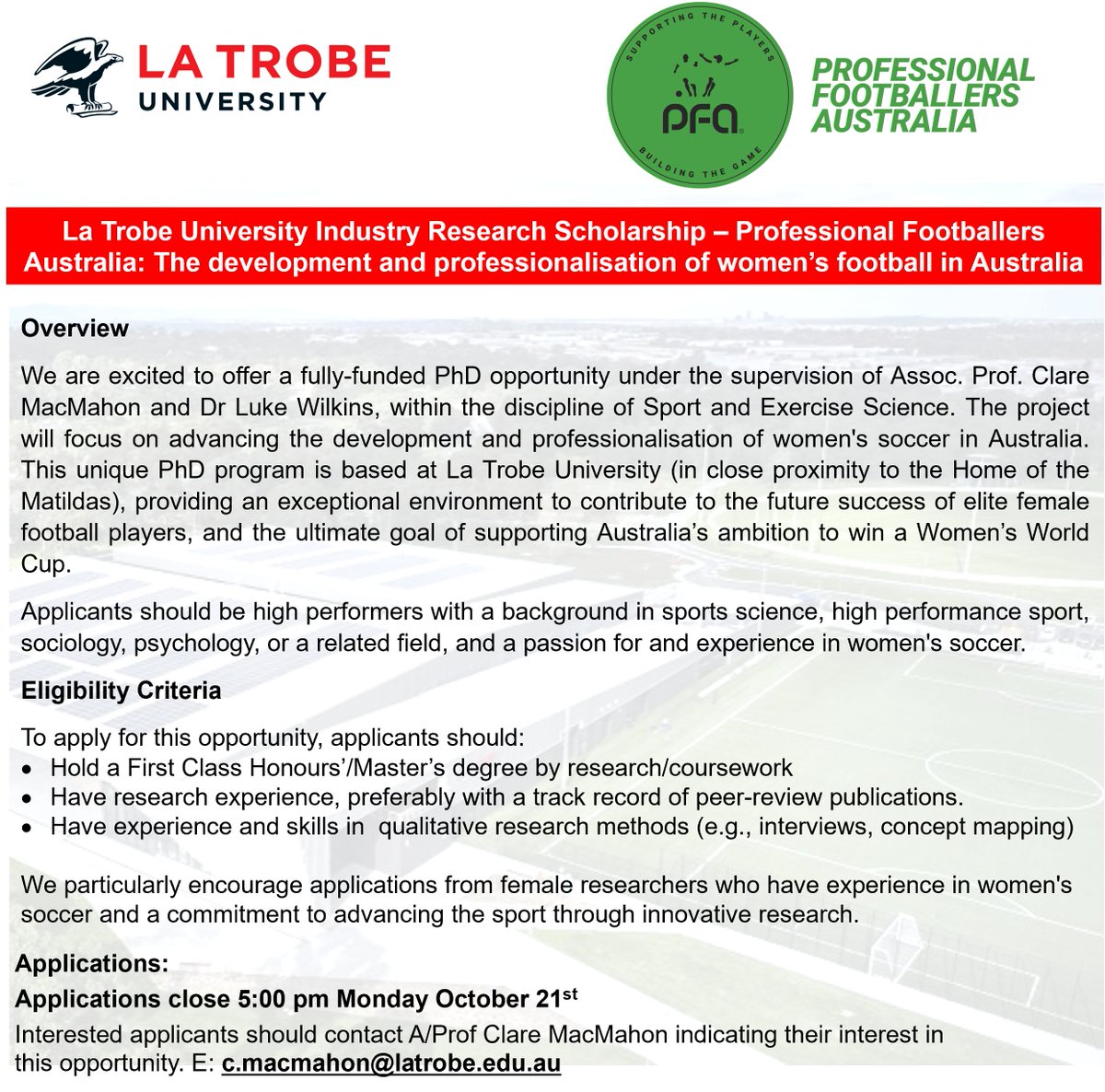 📢 Exciting fully-funded PhD opportunity at La Trobe University! Supervised by Assoc. Prof. Clare MacMahon &amp; <a href="/the_innergeek/">Luke Wilkins</a>, this PhD will focus on advancing women's football in Australia.  Help us shape the future of the sport! ⚽ #PhD #WomensFootball #SportScience #LaTrobe