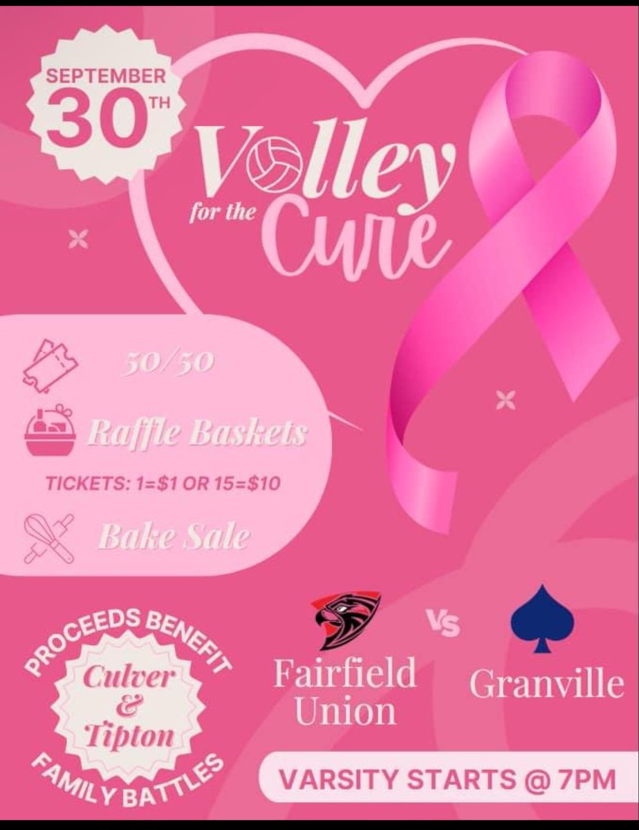 The FUHS Volley For The Cure Game is tomorrow night against Granville at 6+7 at home! The high school and middle school players have been working hard together on all the donations, the AMAZING raffle baskets as well as bake sale items and they hope to see you there! 🩷🏐🩷