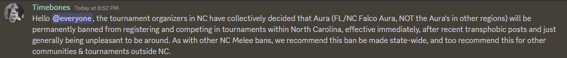 Aura (NC/FL) has been permanently banned from NC Melee