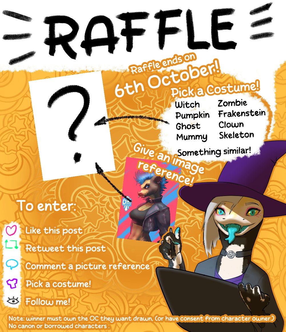 HALLOWEEN RAFFLE TIME!

Yeye, I know, "It's not even October yet" but you gotta get your art in early! c: so I figured I would do a Halloween raffle!

Raffle will go for the next week and end on the night of 6th of October!

Winner gets one of their characters is a costume of