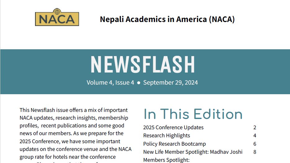The latest edition of the NACA Newsflash Vol. 4 Issue 4 is here. Check it out for the latest updates on the 2025 NACA Conference in Boone North Carolina, along with many other exciting news and updates. nepaliacademics.org/news/13382354

#NepaliAcademics #NACANewsflash #NepaliDiaspora