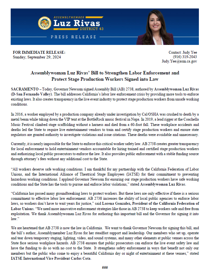 Assemblywoman Luz Rivas (@asmluzrivas) on Twitter photo AB 2738, which ensures our stage production workers have safe working conditions and CA has the tools to pursue and enforce labor violations, has been signed into law!
I am thankful for my partnership with the <a href="/CaliforniaLabor/">California Federation of Labor Unions</a>, <a href="/LorenaSGonzalez/">Lorena Gonzalez</a>, <a href="/saraflocks/">Sara Flocks</a>, and <a href="/IATSE/">IATSE // #IASolidarity</a>. AB 2738, which ensures our stage production workers have safe working conditions and CA has the tools to pursue and enforce labor violations, has been signed into law!
I am thankful for my partnership with the <a href="/CaliforniaLabor/">California Federation of Labor Unions</a>, <a href="/LorenaSGonzalez/">Lorena Gonzalez</a>, <a href="/saraflocks/">Sara Flocks</a>, and <a href="/IATSE/">IATSE // #IASolidarity</a>.