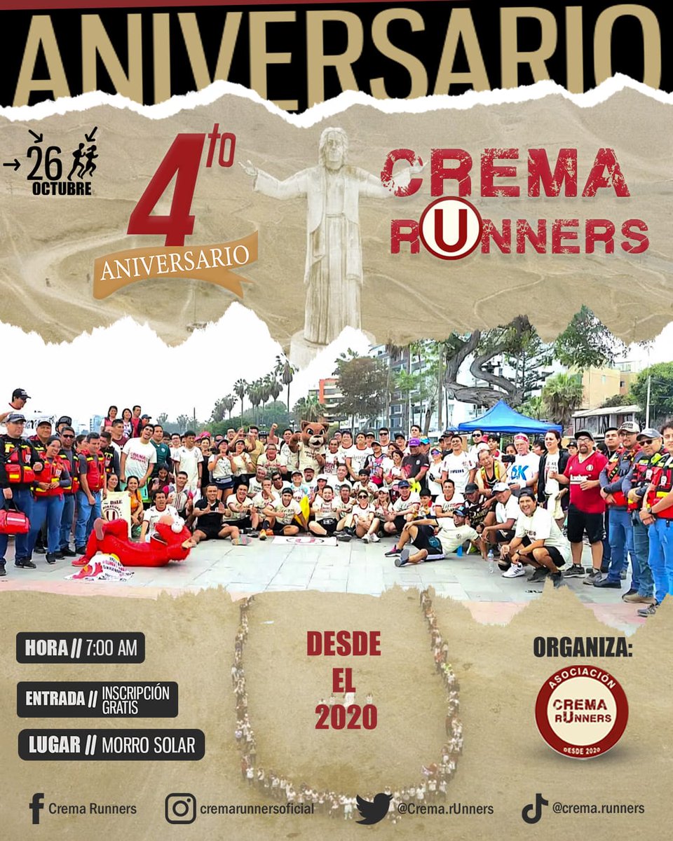 🎉🏃‍♂️ *¡Celebremos juntos el 4to Aniversario de CREMA RⓊNNERS !*🏃‍♀️🎉

📅  *Fecha: Sábado, 26 de octubre*
📍 *Lugar: Base del Morro Solar, Chorrillos* 
📏 *Recorrido: 4 kilómetros* 
  ⌚️ *Hora: 07:00am*

En esta ocasión, formaremos una gran Ⓤ bajo el Cristo. 
¡Los esperamos!