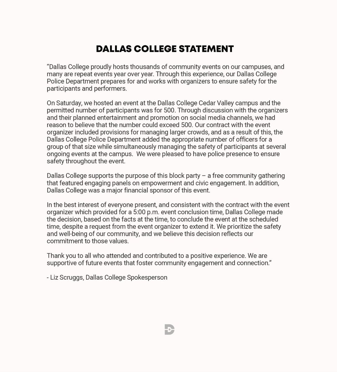 Please read the Dallas College Statement below. A text version of the statement can be found on our website: dallascollege.edu/police-safety/…