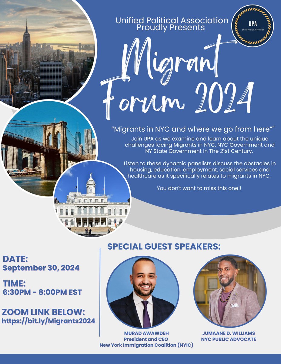 Happening TOMORROW at 6:30pm!!

UPA wanted to invite you again to attend our "UPA Migrant Forum 2024", as we examine and learn about the unique challenges facing Migrants in NYC, NYC Government and NY State Government, In The 21st Century.

Register here: bit.ly/Migrants2024
