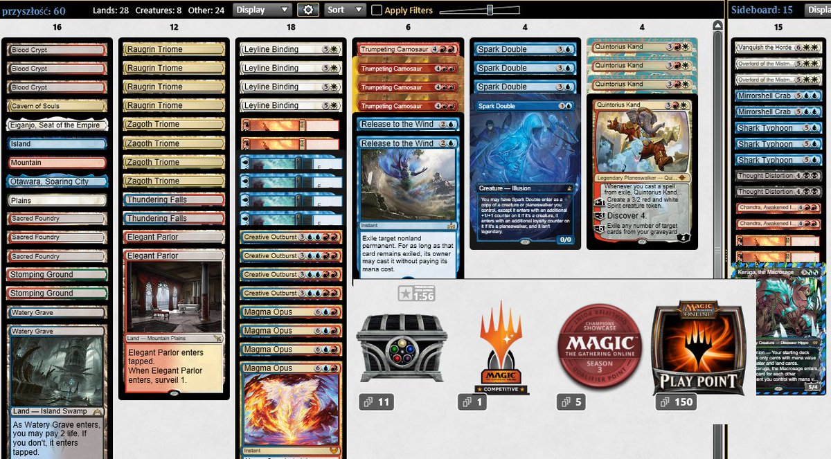 WrzoBuMTGO's tweet image. We are BACK with a result worth MORE than challenge&apos;s top8. I was torn whether or not I should 4-0 drop but decided fans deserve to know that ELEPHANT is NOT dead. Manabase needs a rework and sideboard can be tweaked further. #hardTesting #teamKCT (@BigBossAardos, @Xerk_MTGO)