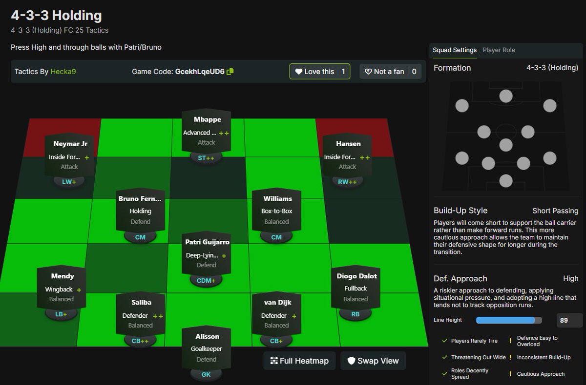 Which tactics are you using currently on #FC25?

Enjoying this 4-3-3 right now with a high press, easy to get your forwards in behind with Patri or Bruno with Long Ball Pass+ 🎯

Tactic link in replies 👇